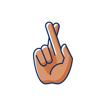 Crossed fingers RGB color icon. Hand gesture used to wish for luck. Images of hands of dark-skinned people. Keep your fingers crossed. Implore God for protection. Isolated vector illustration