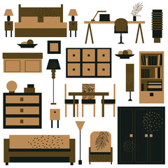 Furniture, lamps and plants for the home. Vector background.