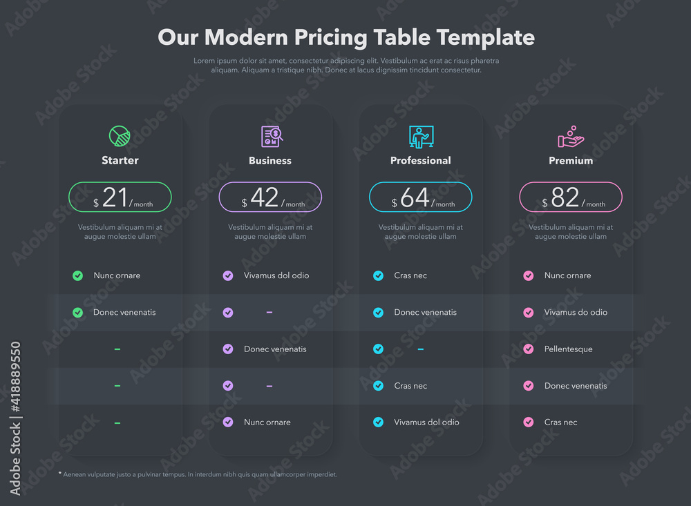 Poster Simple pricing table layout with four subscription plans - dark version. Infographic design template for website or presentation.