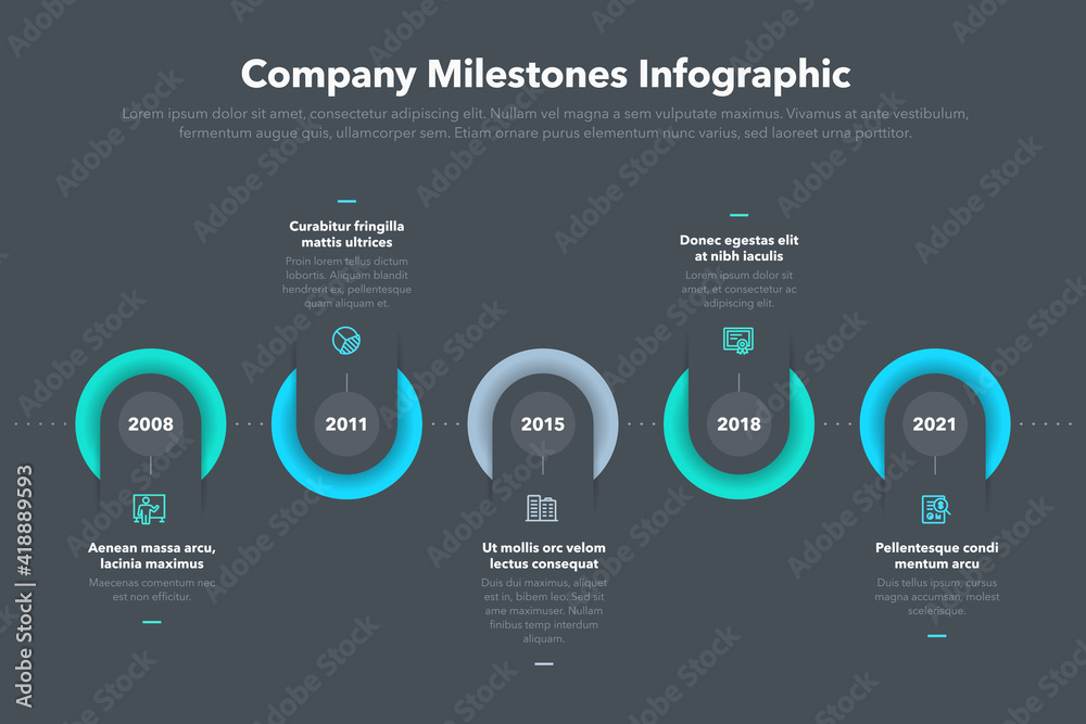 Poster modern company milestones timeline template - dark version. easy to use for your website or presenta