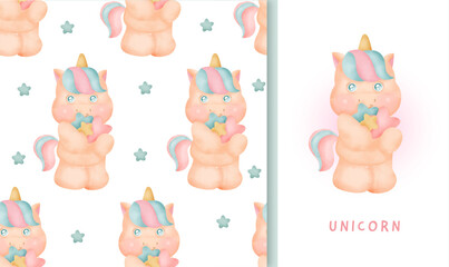Seamless pattern and greeting card with cute unicorn.