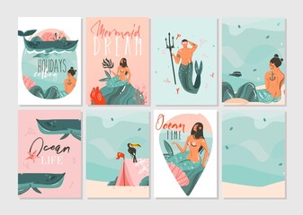 Hand drawn vector abstract graphic cartoon summer time flat illustrations cards template collection set with beach people,mermaid and whale,sunset and tropical birds isolated on white background