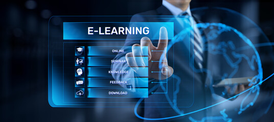 E-learning Online learning distance education concept. Businessman pressing button on screen.