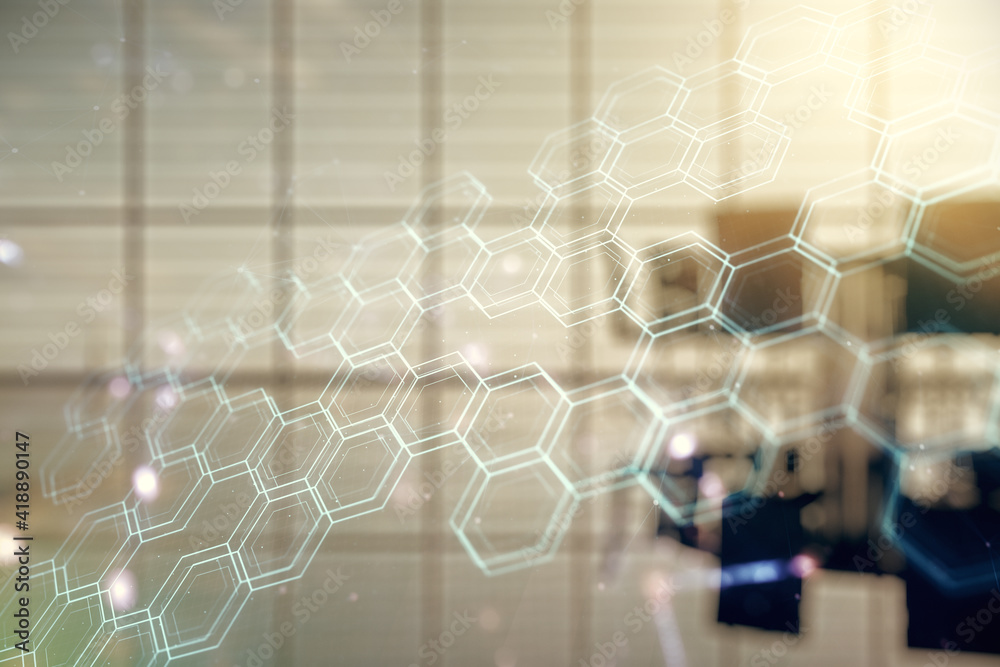 Poster Abstract virtual wireless technology hologram with hexagon on a modern conference room background. Big data and database concept. Multiexposure