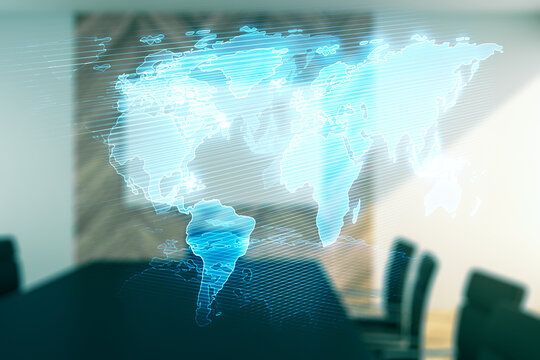 Double exposure of abstract digital world map on a modern meeting room background, research and strategy concept