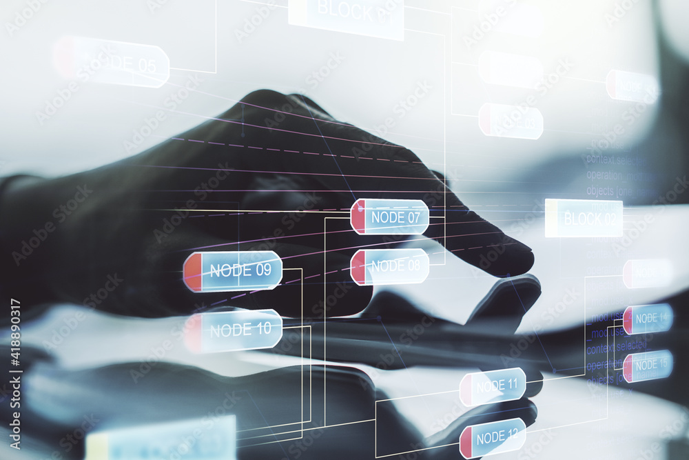 Aufkleber double exposure of abstract creative programming illustration and finger clicks on a digital tablet 