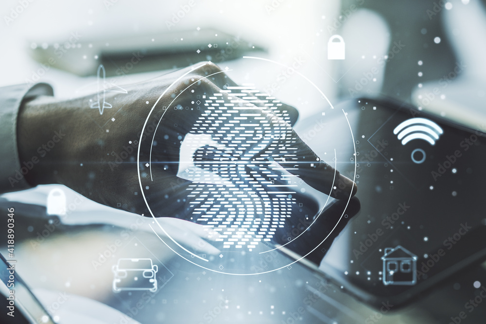 Poster Multi exposure of creative fingerprint hologram with finger presses on a digital tablet on background, personal biometric data concept