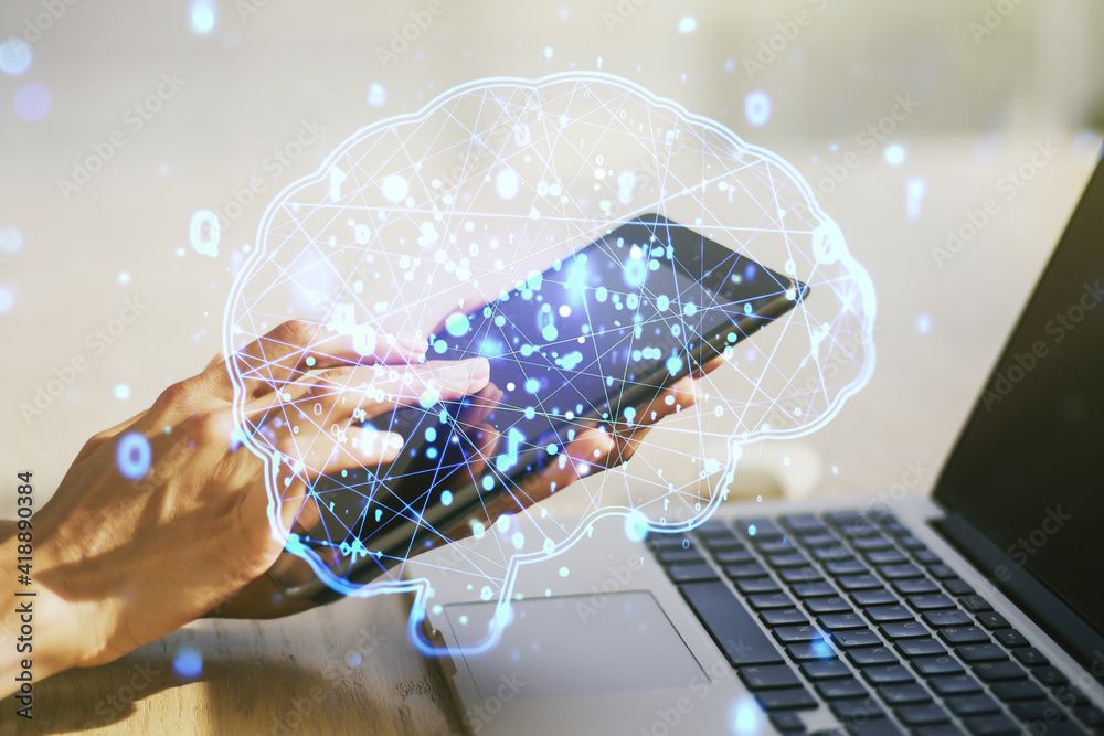 Aufkleber creative artificial intelligence concept with human brain hologram and finger clicks on a digital ta