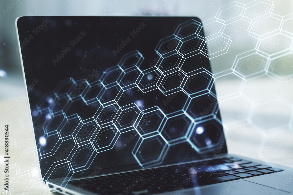 Poster creative abstract wireless technology hologram with hexagon on modern computer background, artificia
