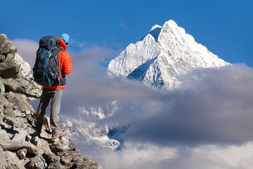 Mount Thamserku with tourist Nepal himalayas mountains