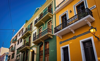 Fototapeta na wymiar A colorful odl building on the narrow streets of Old San Juan, Puerto Rico