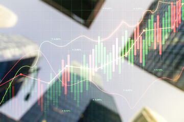 Multi exposure of abstract financial graph on office buildings background, financial and trading concept