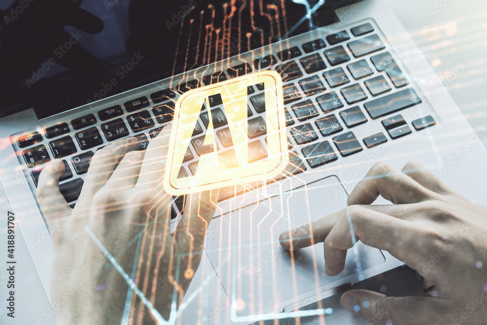 Aufkleber Double exposure of creative artificial Intelligence icon with hands typing on laptop on background. Neural networks and machine learning concept