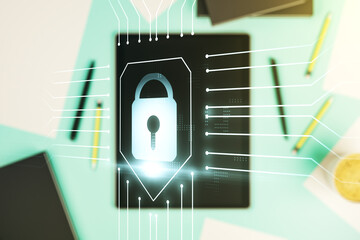 Creative lock illustration with microcircuit and modern digital tablet on desktop on background, top view, cyber security concept. Multiexposure