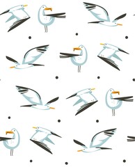 Hand drawn vector abstract cartoon summer time graphic illustrations artistic seamless pattern with flying sea gulls on beach isolated on white background