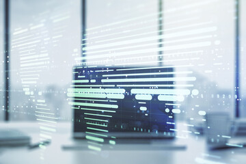 Multi exposure of abstract graphic world map on computer background, connection and communication concept