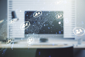 Double exposure of social network icons concept with world map and modern laptop on background. Marketing and promotion concept