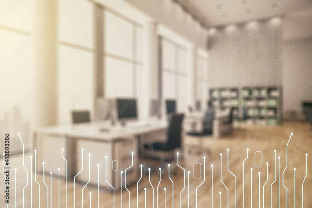 Poster abstract virtual micro circuit sketch on a modern furnished office interior background, future techn