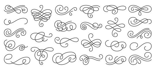 Calligraphic swirl ornament, line style flourishes set. Filigree ornamental curls. Decorative design elements for menu, certificate, diploma, wedding card, invatation, outline text divider