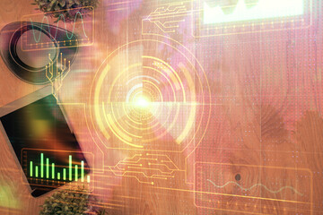Double exposure of technology theme drawing over work table desktop. Top view. Global data analysis concept.