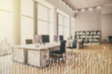 Abstract virtual micro circuit sketch on a modern furnished office interior background, future technology and AI concept. Double exposure