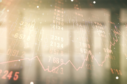 Double exposure of abstract virtual statistics data hologram on empty modern office background, statistics and analytics concept