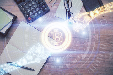 Multi exposure of crypto theme drawing and work table top veiw. Concept of blockchain technology in business.