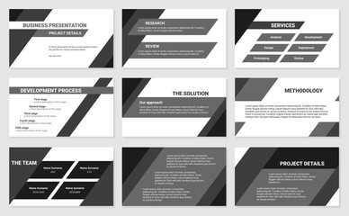 Business presentation design 9 slides template. Development process, solution, services, research and review.