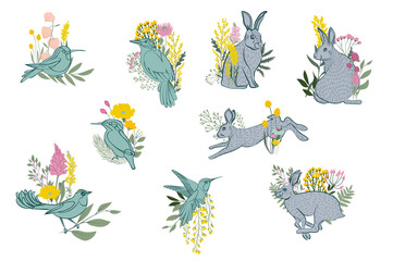 Obraz premium Collection of Rabbit and birds with meadow flowers and leaves. Botanic spring collection. Editable vector illustration.