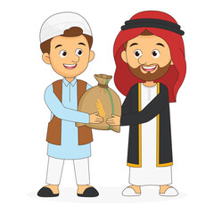 A muslim arabic man giving alms or zakat to needy man on eid mubarak day