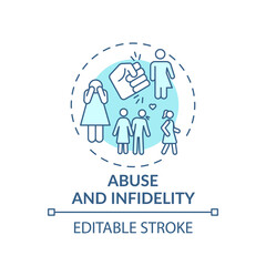Fototapeta na wymiar Abuse and infidelity concept icon. Online family therapy types. Fighting with abused relationships idea thin line illustration. Vector isolated outline RGB color drawing. Editable stroke