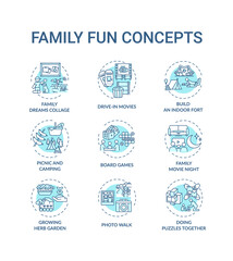 Family fun concept icons set. Family dreams collage. Growing herb garden inside house. Family movie night idea thin line RGB color illustrations. Vector isolated outline drawings. Editable stroke
