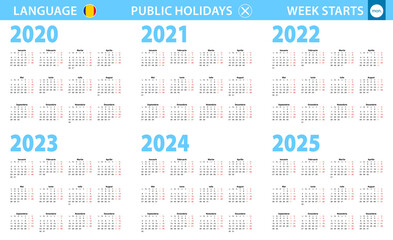 Calendar in Romanian language for year 2020, 2021, 2022, 2023, 2024, 2025. Week starts from Monday.