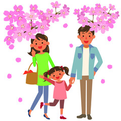 桜の季節にお出かけするファミリー