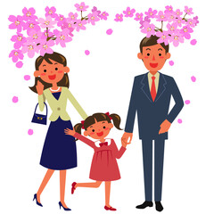 桜の下入学式に行く女の子と両親
