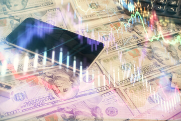 Double exposure of forex graph drawing over us dollars bill background. Concept of financial markets.