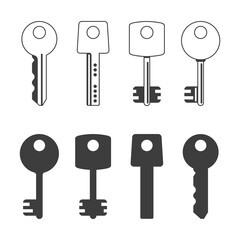 Key icon set. Keys silhouette, Black keys signs isolated on white background. Set of different types house keys. Symbol of Security or Privacy. Modern and retro skeleton access.