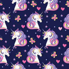 Seamless pattern with unicorn heads, hearts and butterflies © alinart