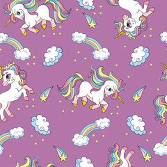 Naklejka na ściany i meble Seamless pattern cute unicorns in the sky vector purple