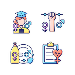 Equal education opportunities RGB color icons set. Movement for equalization of women rights. Division of domestic labour. Struggle for women rights. Feminism.Isolated vector illustrations