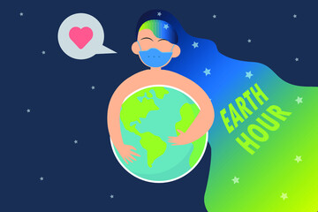 Earth hour vector concept: Illustration woman hugging the world for earth hour while wearing face mask
