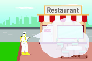 Disinfectant vector concept: Male worker spraying disinfectant to the restaurant while wearing protective suit