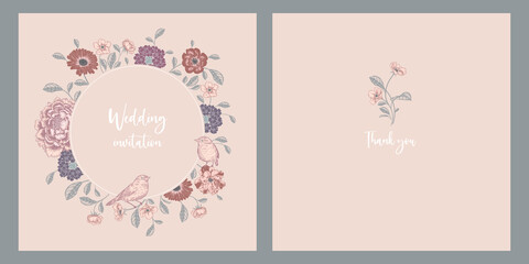 Wedding invitations set. Cute birds, branches with leaves and flowers. Vector. Vintage.