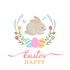 holiday card or banner template. Happy Easter cute Easter bunny with eggs and flowers with a greeting lettering.