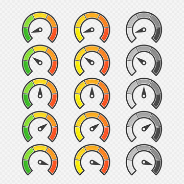 Speedometer with arrow icon. Collection of colorful Infographic gauge element. Speedometers or rating meter signs for apps. Tachometer, flowmeter with multicolored indicator.