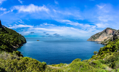 Fototapeta premium A beautiful sea landscape image of the Mediterranean sea taken on a bright, sunny day with picturesque clouds