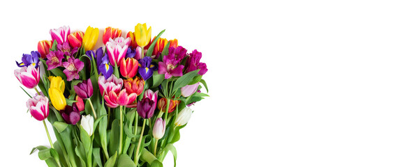 Flower composition. Beautiful colorful spring flowers isolated on a white background. Mothers Day,...