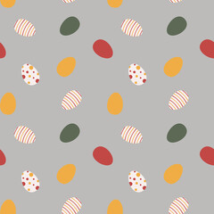 Vector seamless pattern with colored Easter eggs on gray bacground. For textile, wrapping paper, Easter decoration, web design and other surfaces