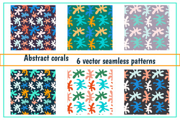 Set of six vector seamless patterns with abstract corals. Collection of seamless backgrounds. For fabrics, wrapping paper, interior, childrens textile and web design. All patterns in swatches panel.