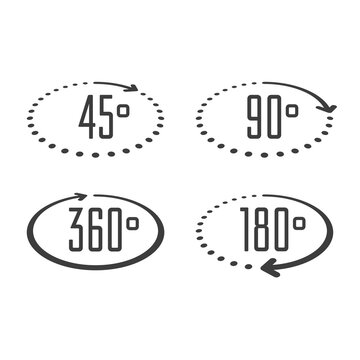 Set of angles 45, 90, 180 and 360 degrees icons. Arrows rotation circle symbol set. Geometry math signs symbols. Full complete rotation arrow.